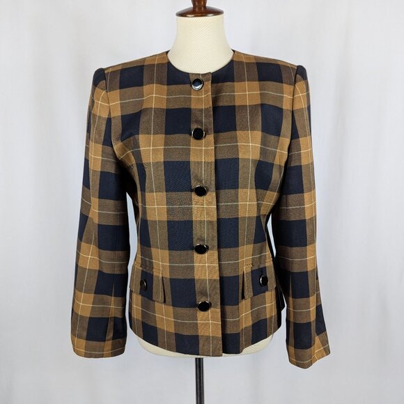 Atrium Collection Brown Navy Plaid Vintage Blazer High Neck Pockets Sz 11/12 - Picture 1 of 9